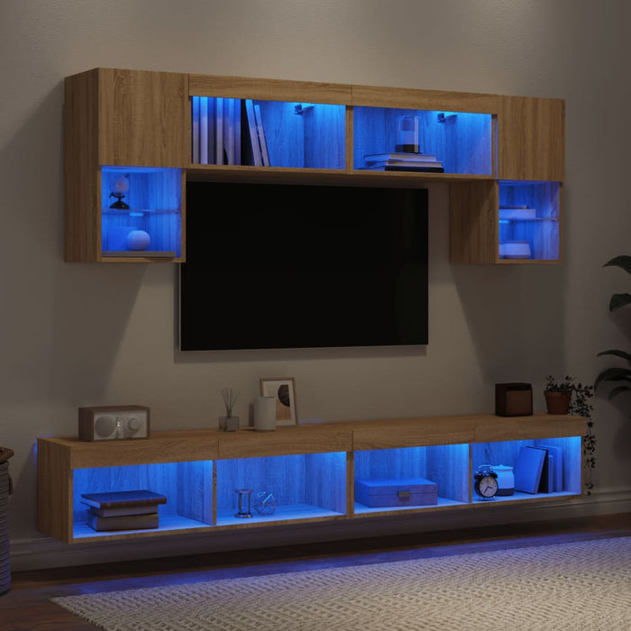 Unități de perete TV cu LED-uri, 6 piese, stejar sonoma, lemn - WALTI WALTI