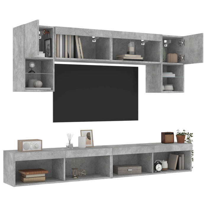 Unități TV de perete cu LED-uri 6 piese gri beton lemn compozit - WALTI WALTI