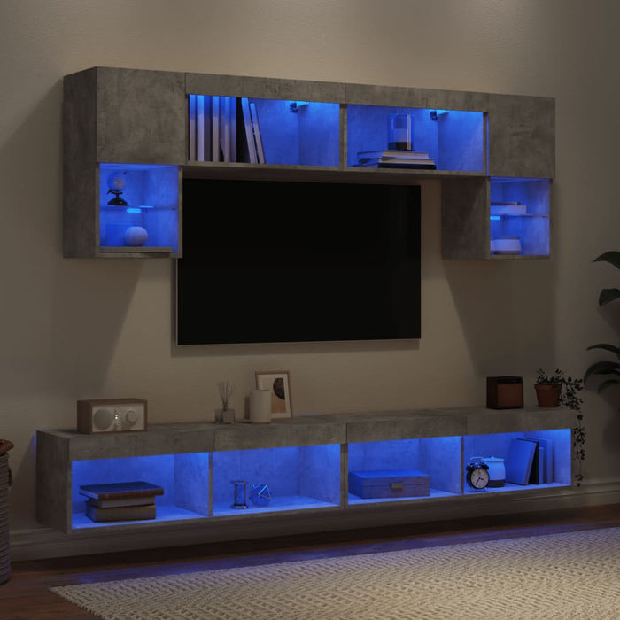 Unități TV de perete cu LED-uri 6 piese gri beton lemn compozit - WALTI WALTI