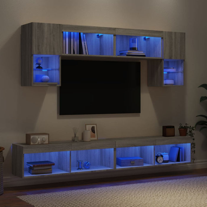 Unități de perete TV cu LED-uri, 6 piese, gri sonoma, lemn - WALTI WALTI