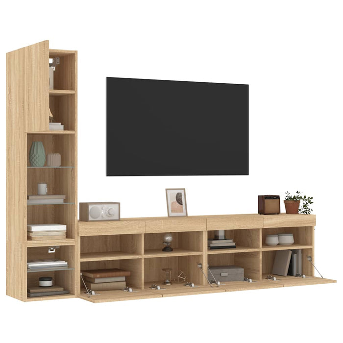 Unități de perete TV cu LED-uri, 4 piese, stejar sonoma, lemn - WALTI WALTI