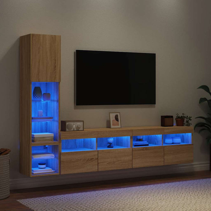 Unități de perete TV cu LED-uri, 4 piese, stejar sonoma, lemn - WALTI WALTI