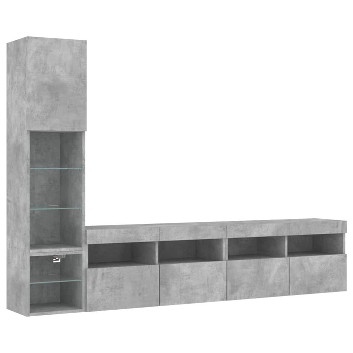 Unități TV de perete cu LED-uri 4 piese gri beton lemn compozit WALTI
