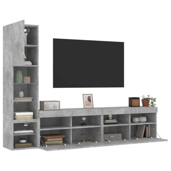 Unități TV de perete cu LED-uri 4 piese gri beton lemn compozit WALTI