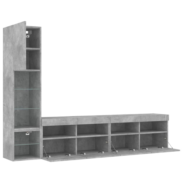 Unități TV de perete cu LED-uri 4 piese gri beton lemn compozit WALTI