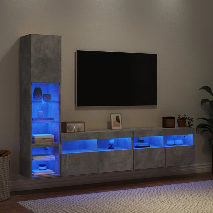 Unități TV de perete cu LED-uri 4 piese gri beton lemn compozit WALTI