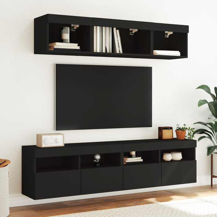 Unități de perete TV cu LED-uri, 5 piese, negru, lemn prelucrat WALTI
