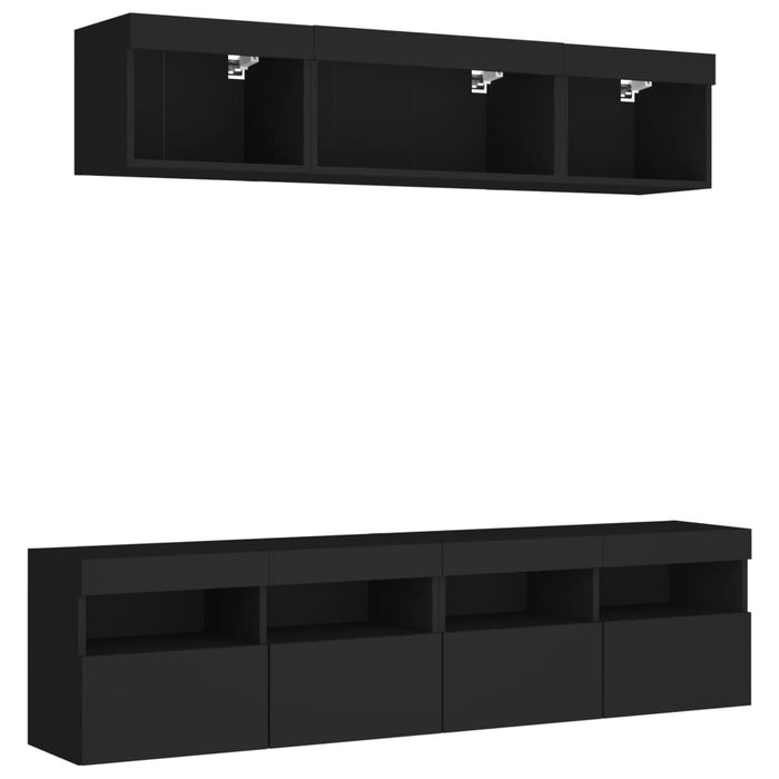 Unități de perete TV cu LED-uri, 5 piese, negru, lemn prelucrat WALTI