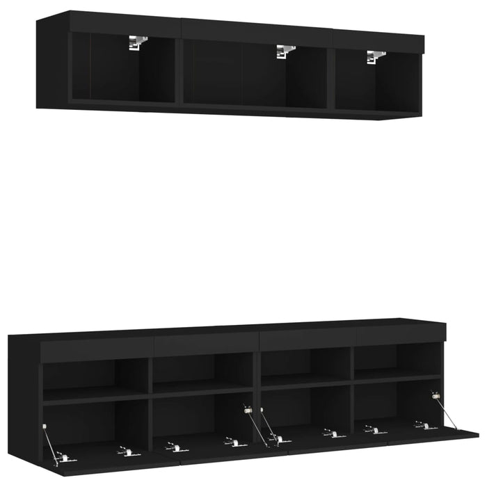 Unități de perete TV cu LED-uri, 5 piese, negru, lemn prelucrat WALTI
