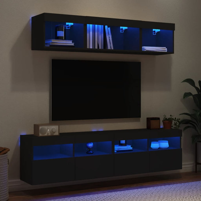 Unități de perete TV cu LED-uri, 5 piese, negru, lemn prelucrat WALTI