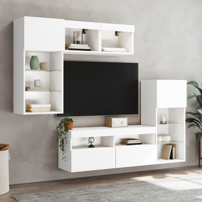 Unități de perete TV cu LED-uri, 5 piese, alb, lemn prelucrat - WALTI WALTI