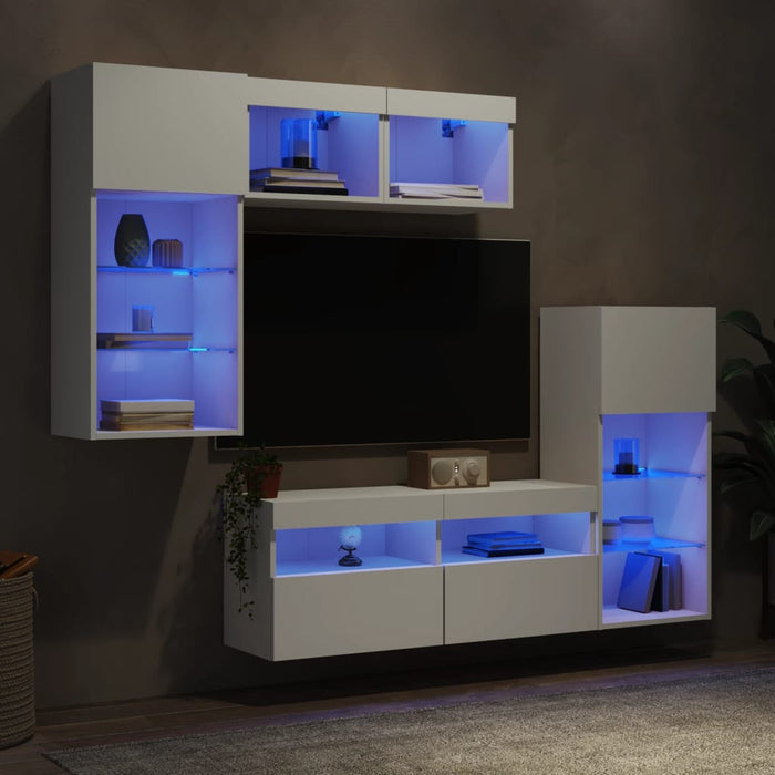 Unități de perete TV cu LED-uri, 5 piese, alb, lemn prelucrat - WALTI WALTI