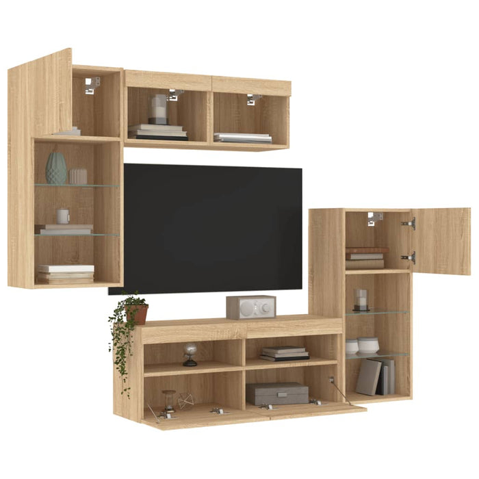 Unități de perete TV cu LED-uri, 5 piese, stejar sonoma, lemn - WALTI WALTI