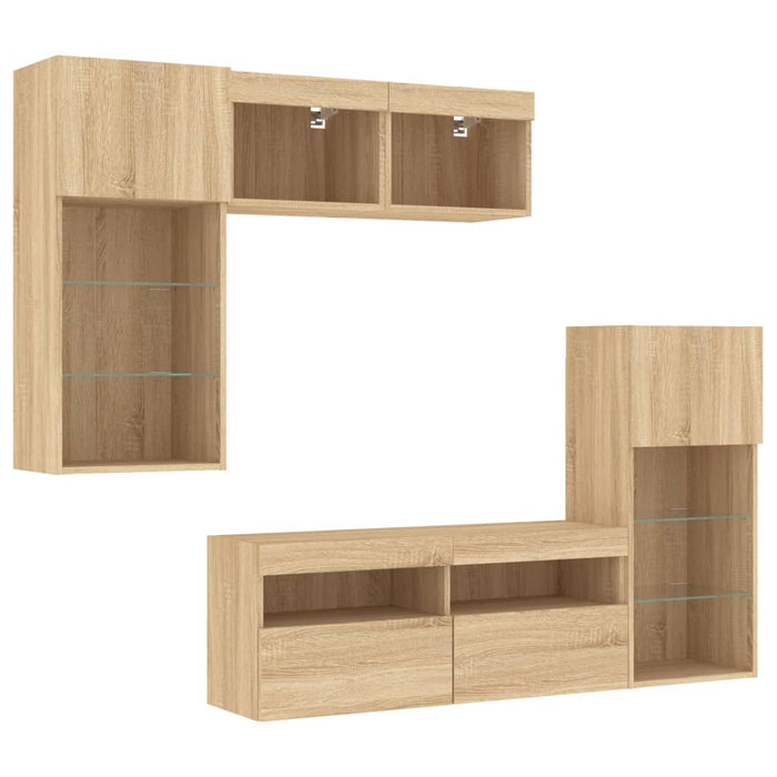 Unități de perete TV cu LED-uri, 5 piese, stejar sonoma, lemn - WALTI WALTI