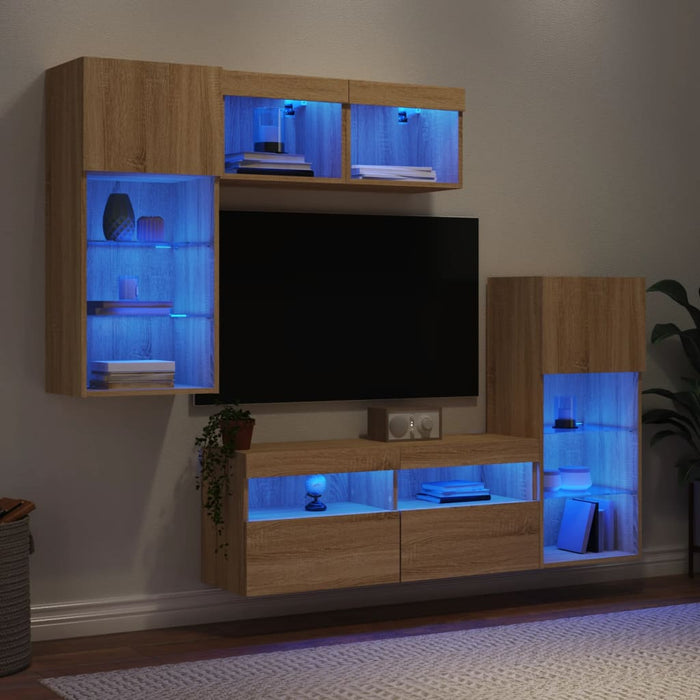 Unități de perete TV cu LED-uri, 5 piese, stejar sonoma, lemn - WALTI WALTI