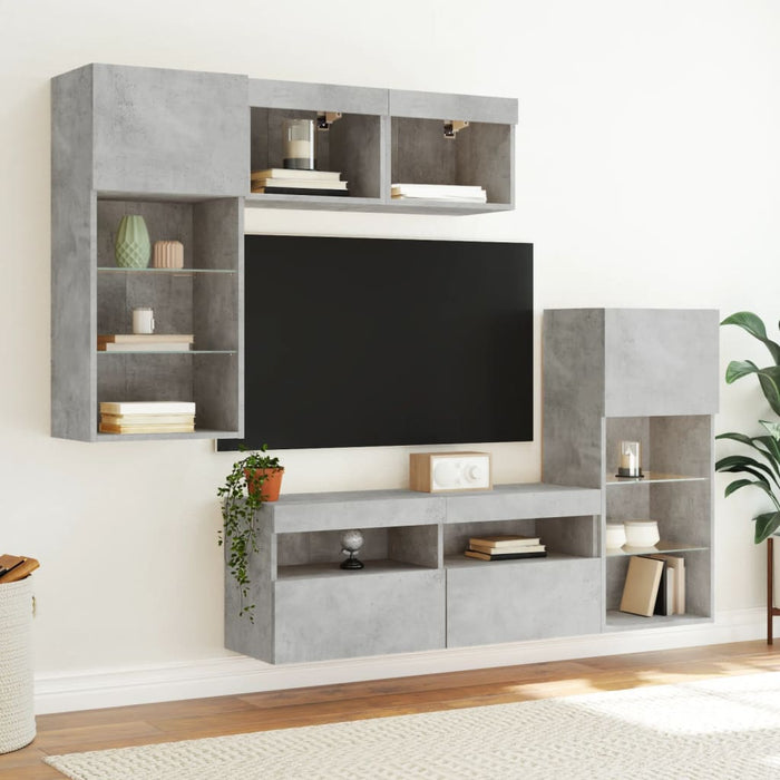 Unități TV de perete cu LED-uri 5 piese gri beton lemn compozit - WALTI WALTI