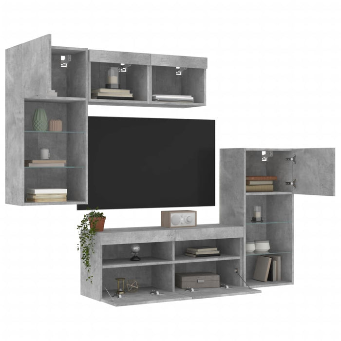 Unități TV de perete cu LED-uri 5 piese gri beton lemn compozit - WALTI WALTI