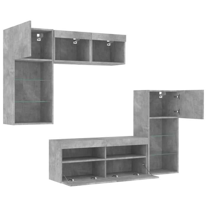 Unități TV de perete cu LED-uri 5 piese gri beton lemn compozit - WALTI WALTI