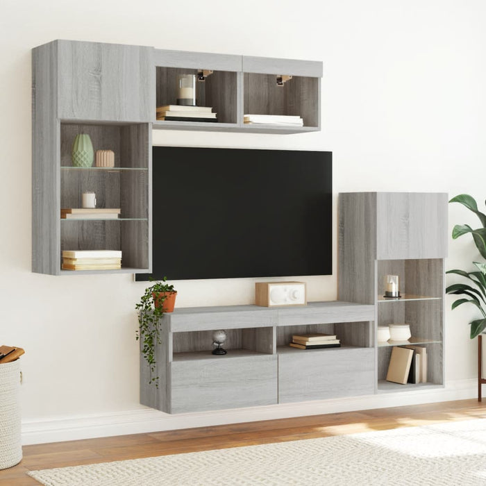Unități de perete TV cu LED-uri, 5 piese, gri sonoma, lemn - WALTI WALTI