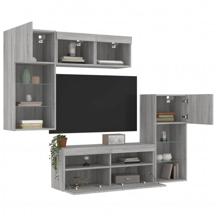 Unități de perete TV cu LED-uri, 5 piese, gri sonoma, lemn - WALTI WALTI