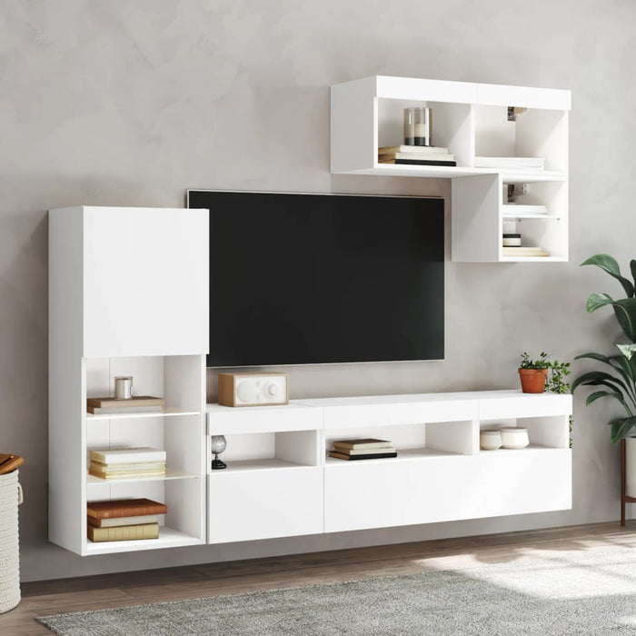 Unități de perete TV cu LED-uri, 6 piese, alb, lemn prelucrat - WALTI WALTI