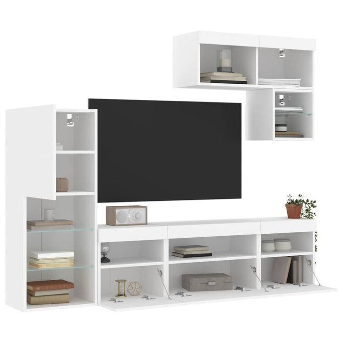 Unități de perete TV cu LED-uri, 6 piese, alb, lemn prelucrat - WALTI WALTI