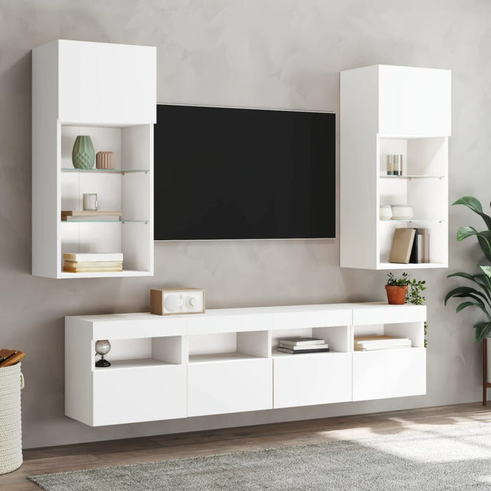 Unități de perete TV cu LED-uri, 5 piese, alb, lemn prelucrat - WALTI WALTI