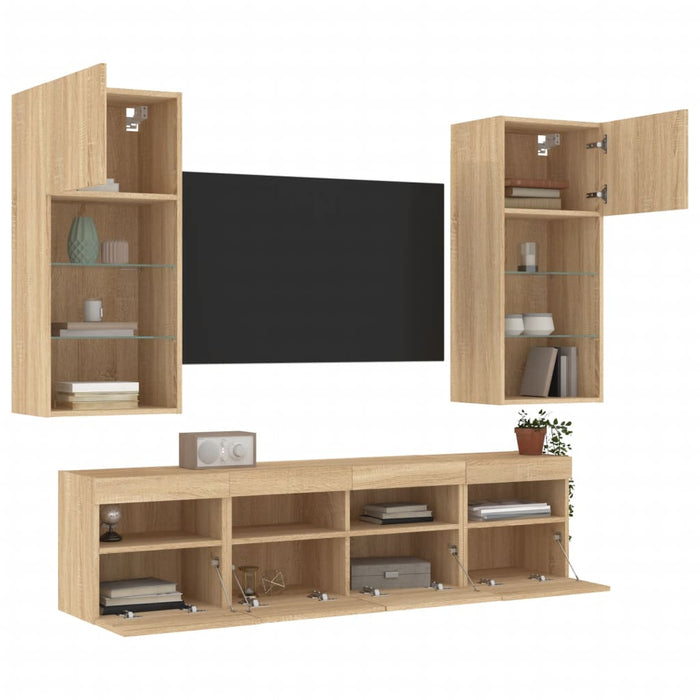 Unități de perete TV cu LED-uri, 5 piese, stejar sonoma, lemn - WALTI WALTI