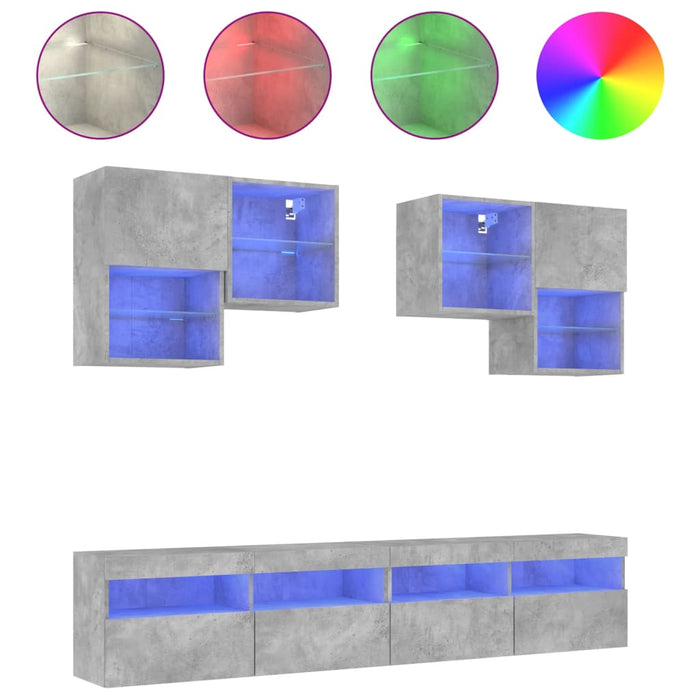 Set comode TV de perete cu lumini LED, 6 piese, gri beton WALTI