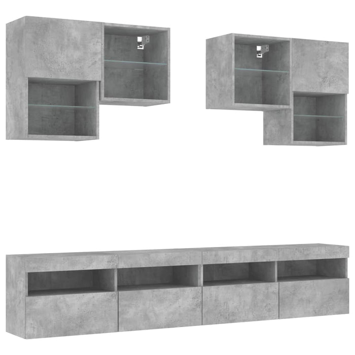 Set comode TV de perete cu lumini LED, 6 piese, gri beton WALTI