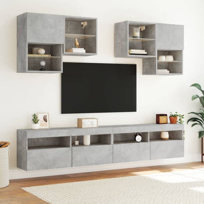 Set comode TV de perete cu lumini LED, 6 piese, gri beton WALTI