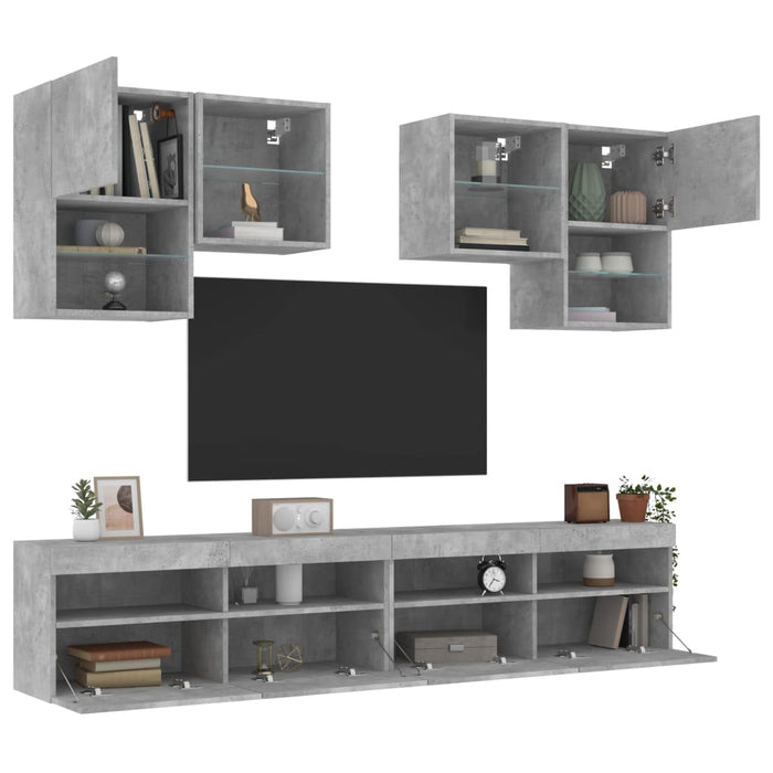 Set comode TV de perete cu lumini LED, 6 piese, gri beton WALTI