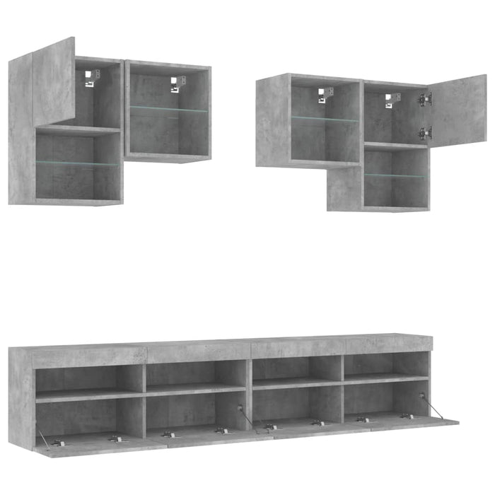 Set comode TV de perete cu lumini LED, 6 piese, gri beton WALTI