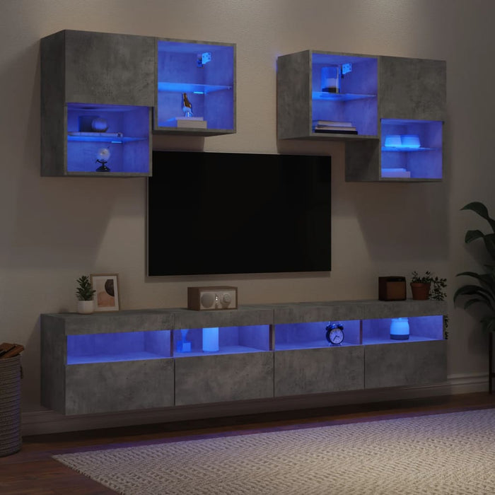 Set comode TV de perete cu lumini LED, 6 piese, gri beton WALTI