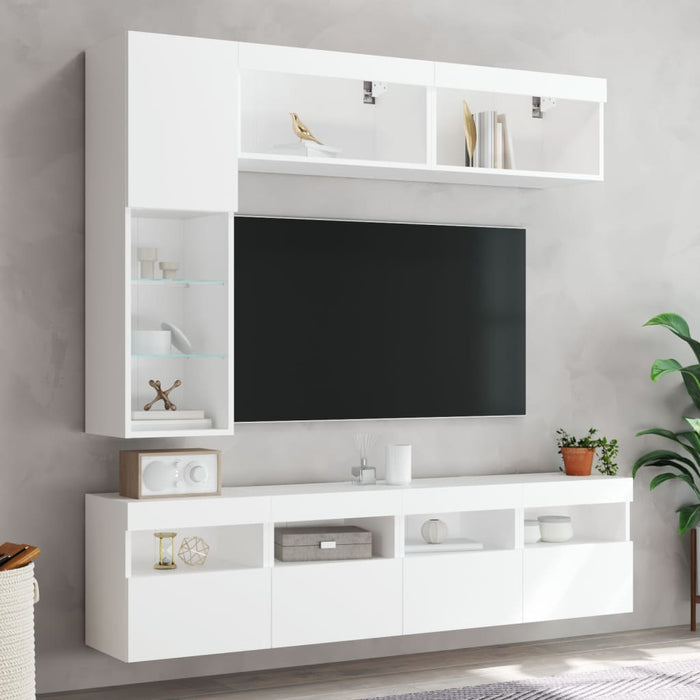Set comode TV de perete, 7 piese, cu lumini LED, alb - WALTI WALTI