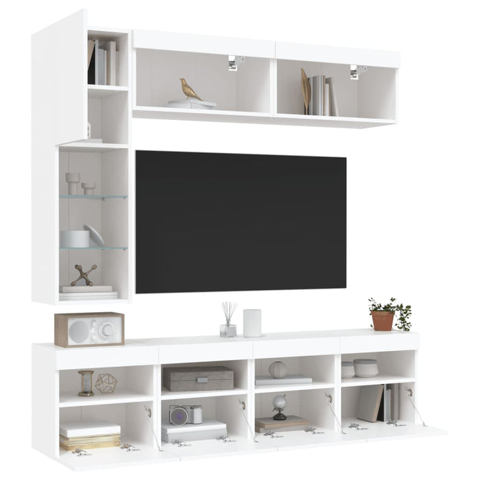 Set comode TV de perete, 7 piese, cu lumini LED, alb - WALTI WALTI