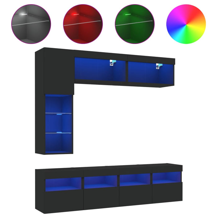 Set comode TV de perete, 7 piese, cu lumini LED, negru WALTI