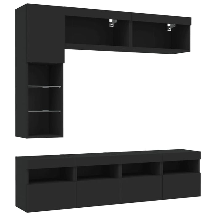 Set comode TV de perete, 7 piese, cu lumini LED, negru WALTI