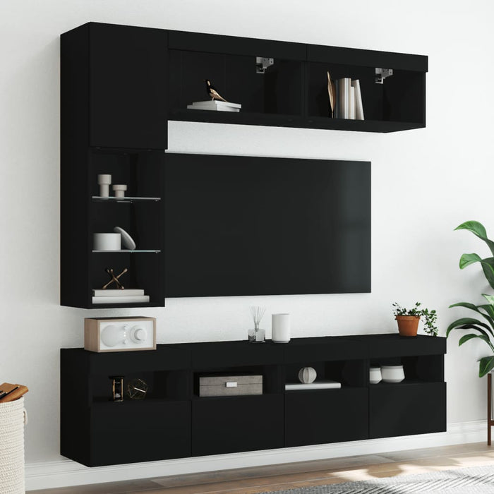 Set comode TV de perete, 7 piese, cu lumini LED, negru WALTI