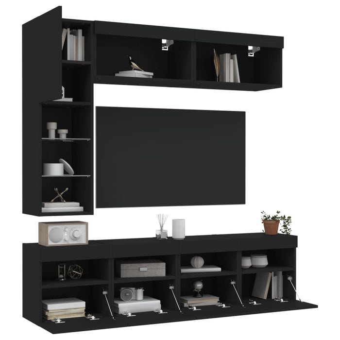 Set comode TV de perete, 7 piese, cu lumini LED, negru WALTI