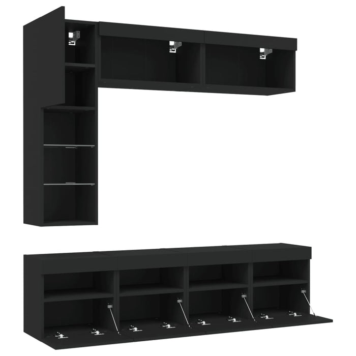 Set comode TV de perete, 7 piese, cu lumini LED, negru WALTI