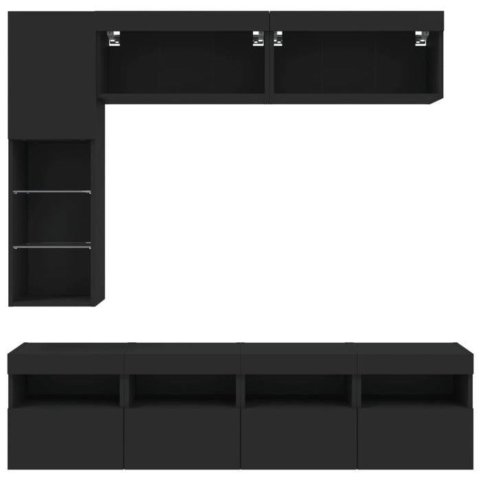 Set comode TV de perete, 7 piese, cu lumini LED, negru WALTI