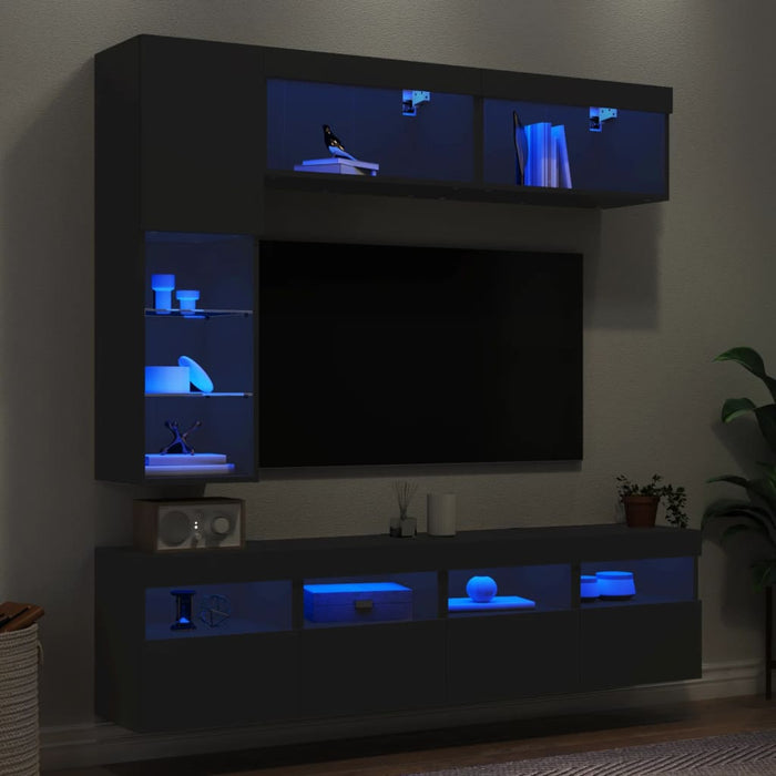 Set comode TV de perete, 7 piese, cu lumini LED, negru WALTI
