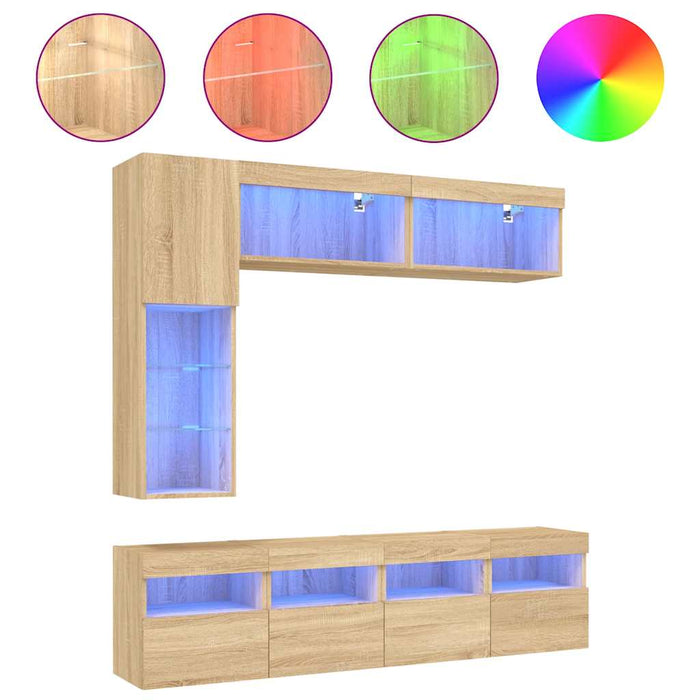 Comode TV de perete cu lumini LED, 7 piese, stejar sonoma - WALTI WALTI
