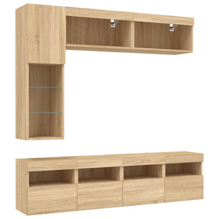Comode TV de perete cu lumini LED, 7 piese, stejar sonoma - WALTI WALTI