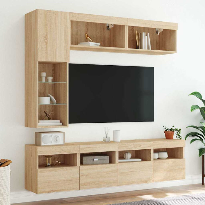 Comode TV de perete cu lumini LED, 7 piese, stejar sonoma - WALTI WALTI