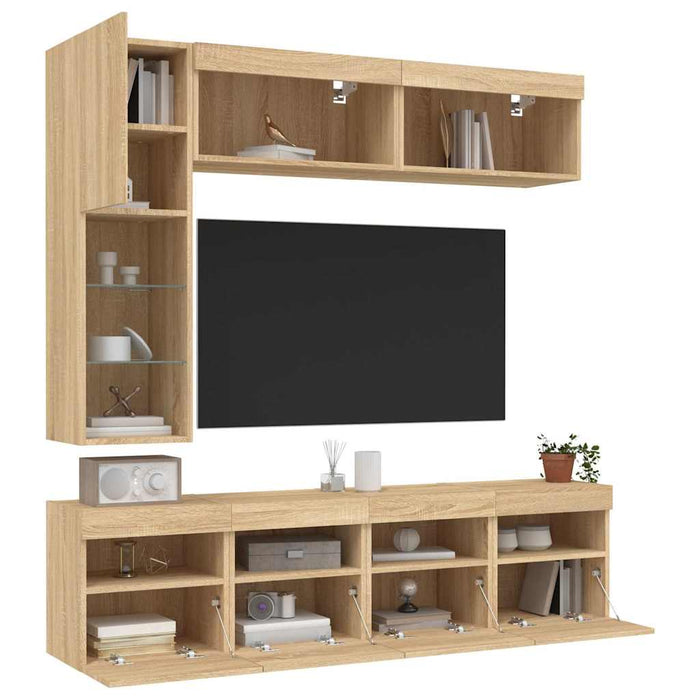 Comode TV de perete cu lumini LED, 7 piese, stejar sonoma - WALTI WALTI