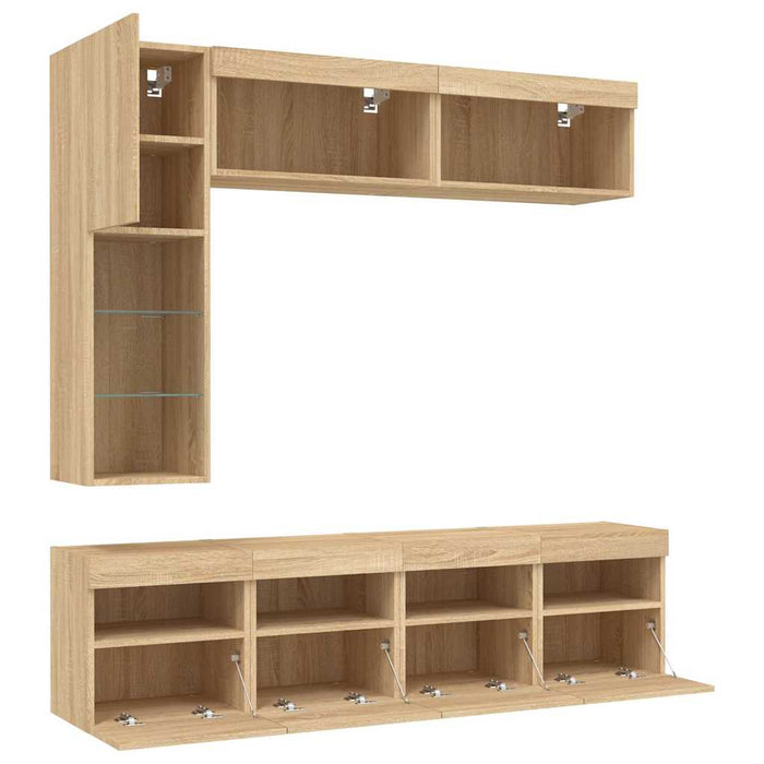 Comode TV de perete cu lumini LED, 7 piese, stejar sonoma - WALTI WALTI