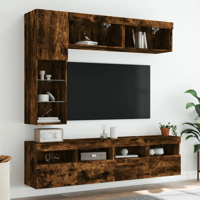 Comode TV de perete cu lumini LED, 7 piese, stejar fumuriu - WALTI WALTI