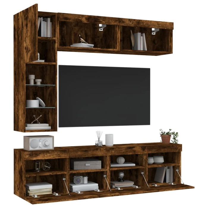 Comode TV de perete cu lumini LED, 7 piese, stejar fumuriu - WALTI WALTI